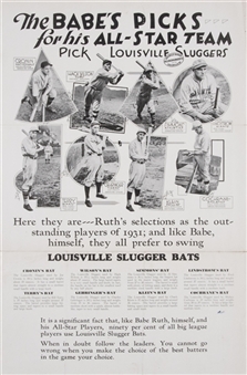 1931 Babe Ruths All- Star Team Louisville Slugger Dealer Poster 